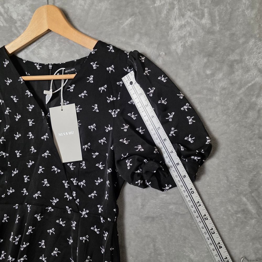 NEVA HU Bow Print Puff Sleeve Maxi Dress Women L‎ Black NEW Flowy Cottagecore - Picture 10 of 13